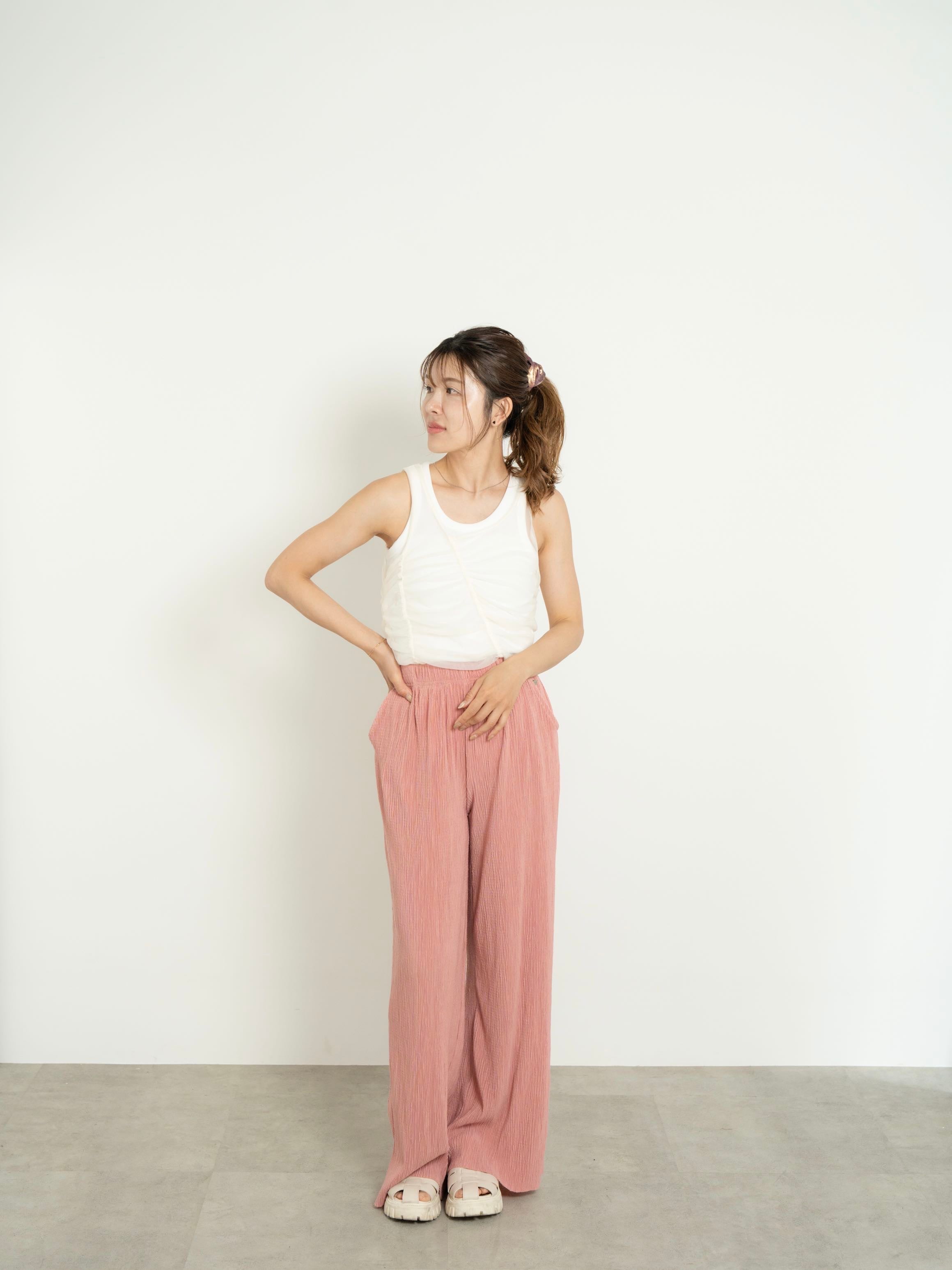 【SET】SHIRRED SHEER TANK TOP SET + LIGHT TEXTURE STRAIGHT PANTS