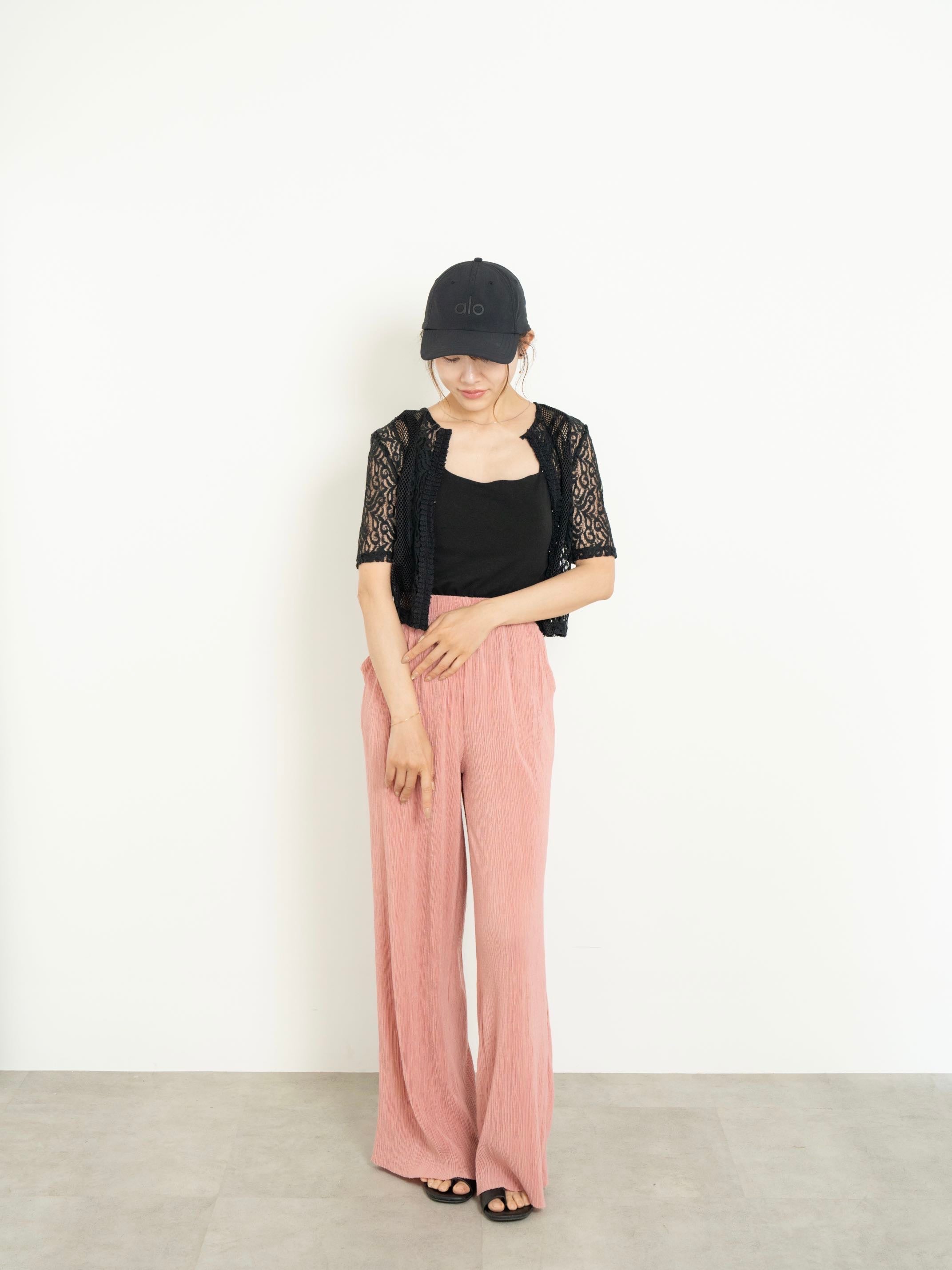 【SET】2WAY CLASSICAL LACE MESH TOP +LIGHT TEXTURE STRAIGHT PANTS