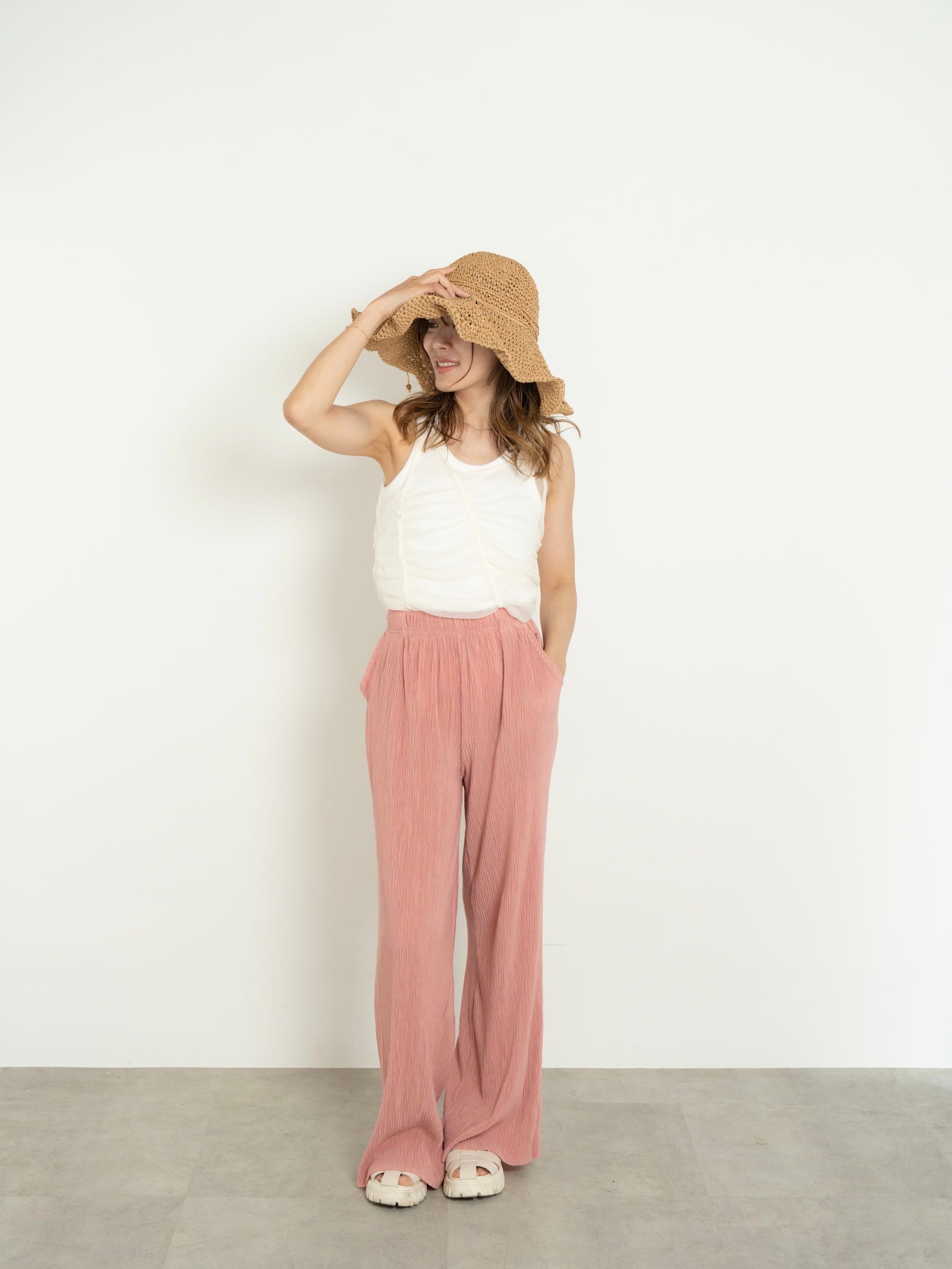 【SET】SHIRRED SHEER TANK TOP SET + LIGHT TEXTURE STRAIGHT PANTS