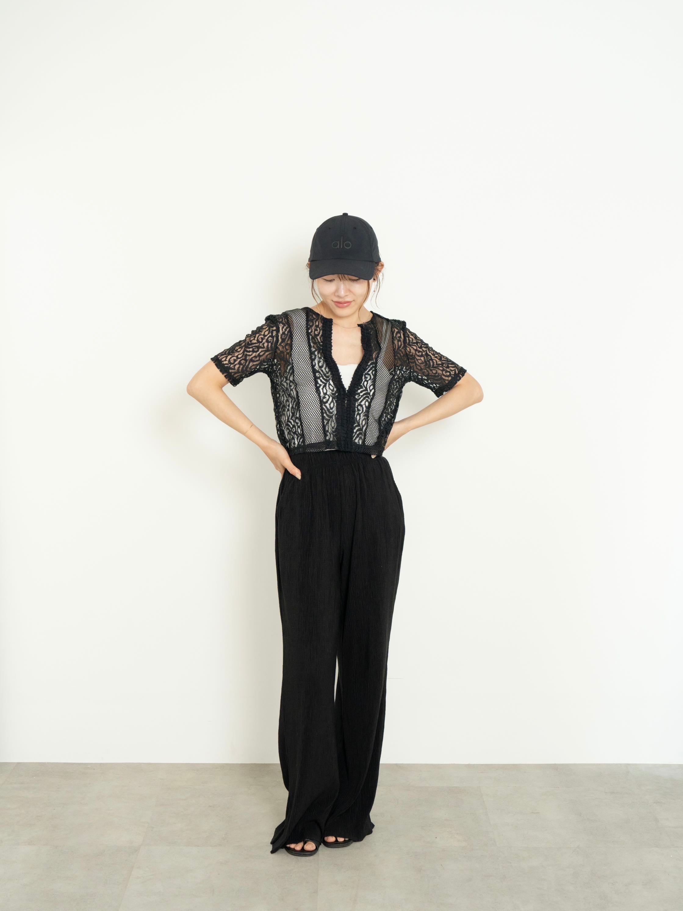 【SET】2WAY CLASSICAL LACE MESH TOP +LIGHT TEXTURE STRAIGHT PANTS