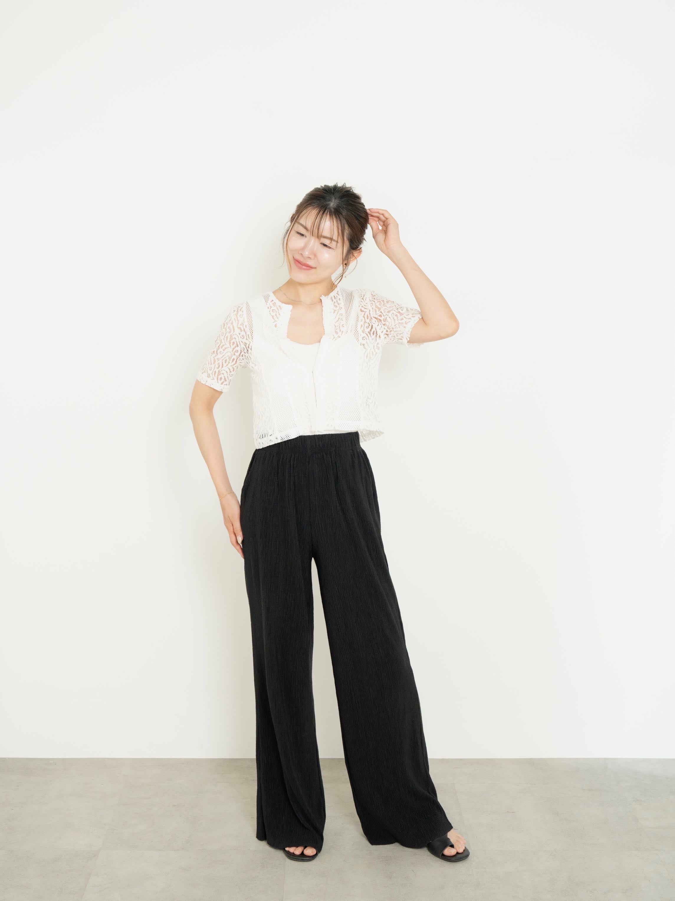 【SET】2WAY CLASSICAL LACE MESH TOP +LIGHT TEXTURE STRAIGHT PANTS