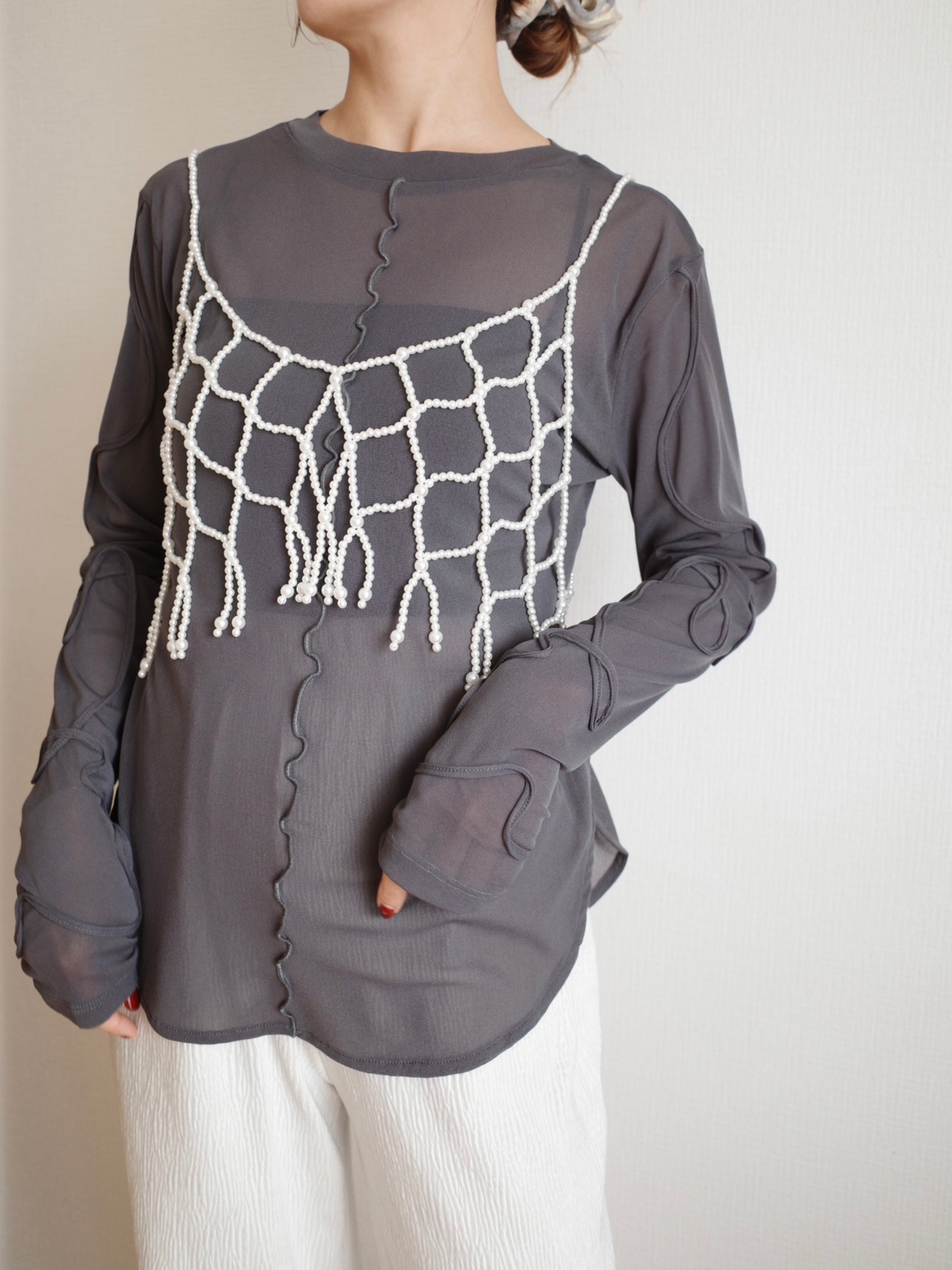 【SET】LIGHT TEXTURE STRAIGHT PANTS + 2WAY SHEER STITCH TOPS + PEARL BEADS FRINGE VEST