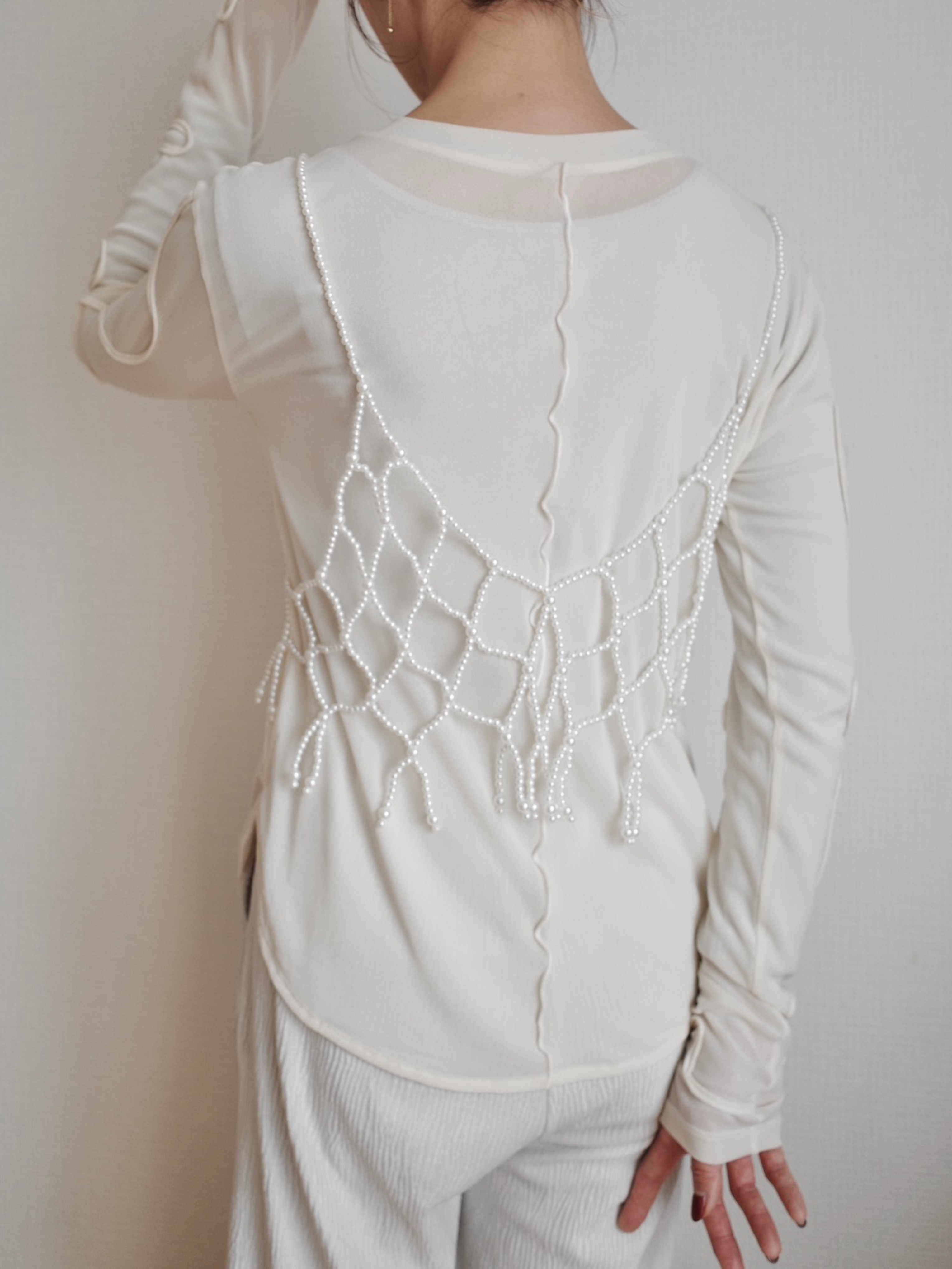 【SET】LIGHT TEXTURE STRAIGHT PANTS + 2WAY SHEER STITCH TOPS + PEARL BEADS FRINGE VEST