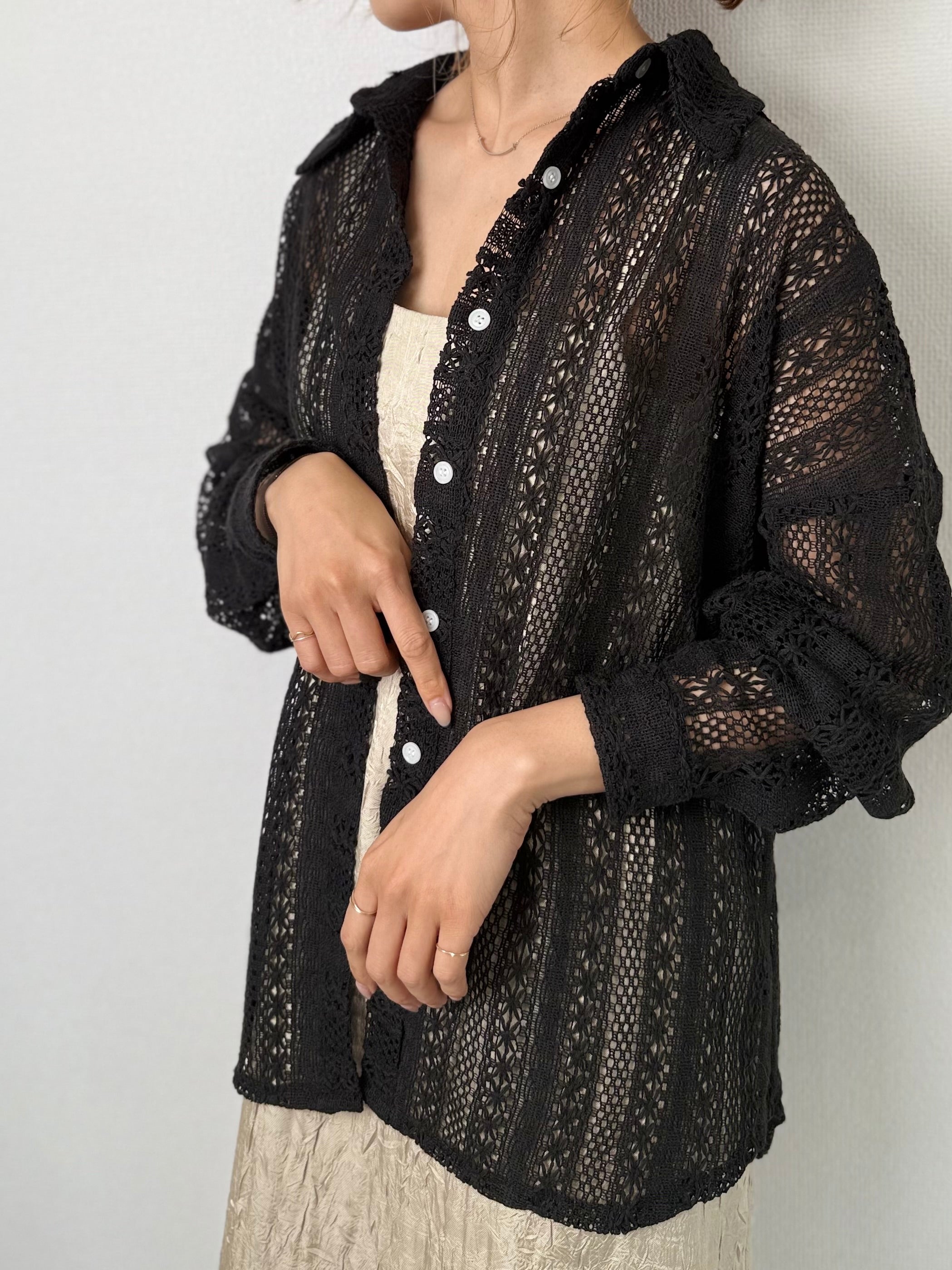 トップス Sheer loose knit tops black Saint Laurent - Black Sheer Knit Top | Mitchell Stores