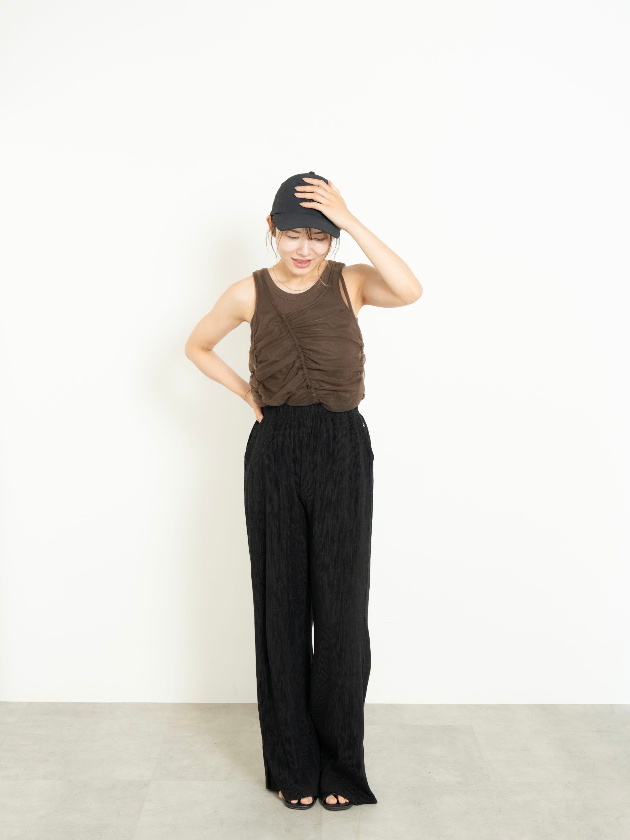 【SET】SHIRRED SHEER TANK TOP SET ＋ LIGHT TEXTURE STRAIGHT PANTS