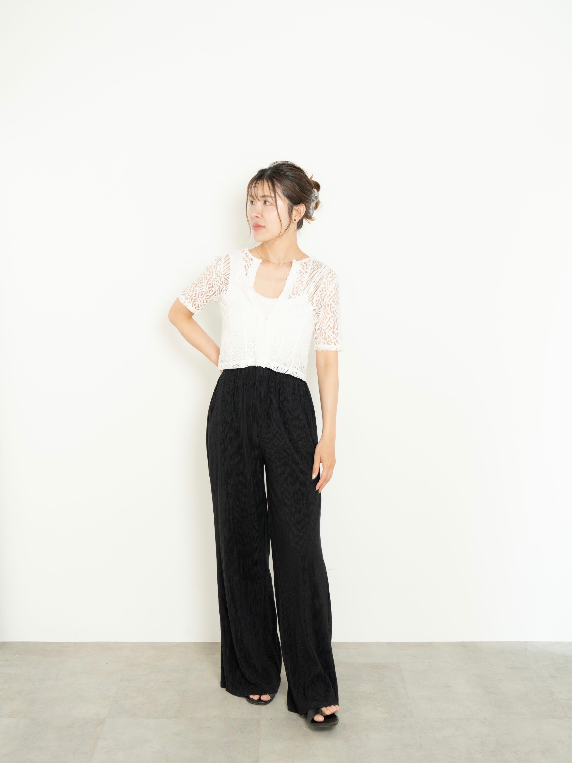 【SET】2WAY CLASSICAL LACE MESH TOP ＋LIGHT TEXTURE STRAIGHT PANTS