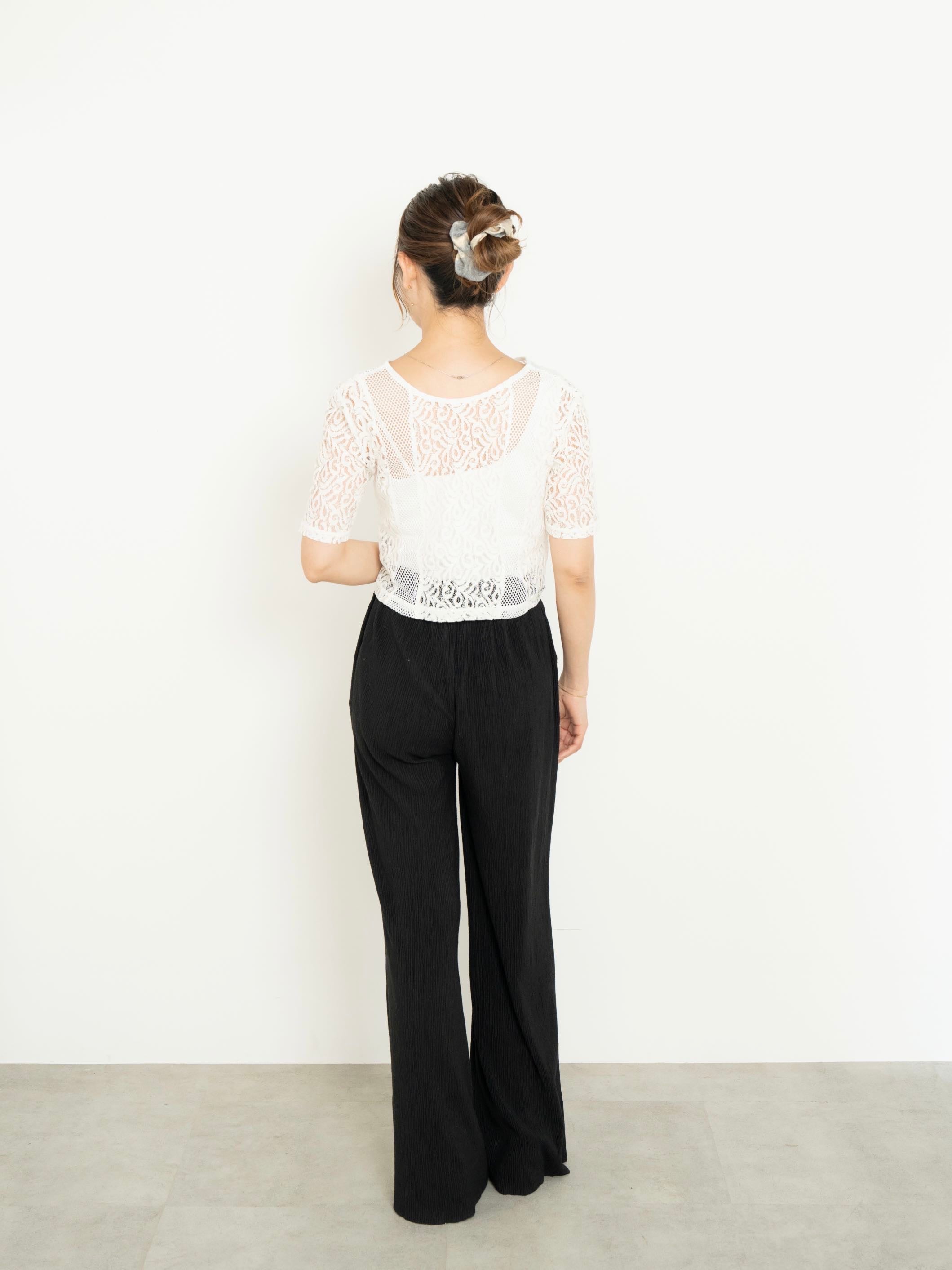 【SET】2WAY CLASSICAL LACE MESH TOP ＋LIGHT TEXTURE STRAIGHT PANTS