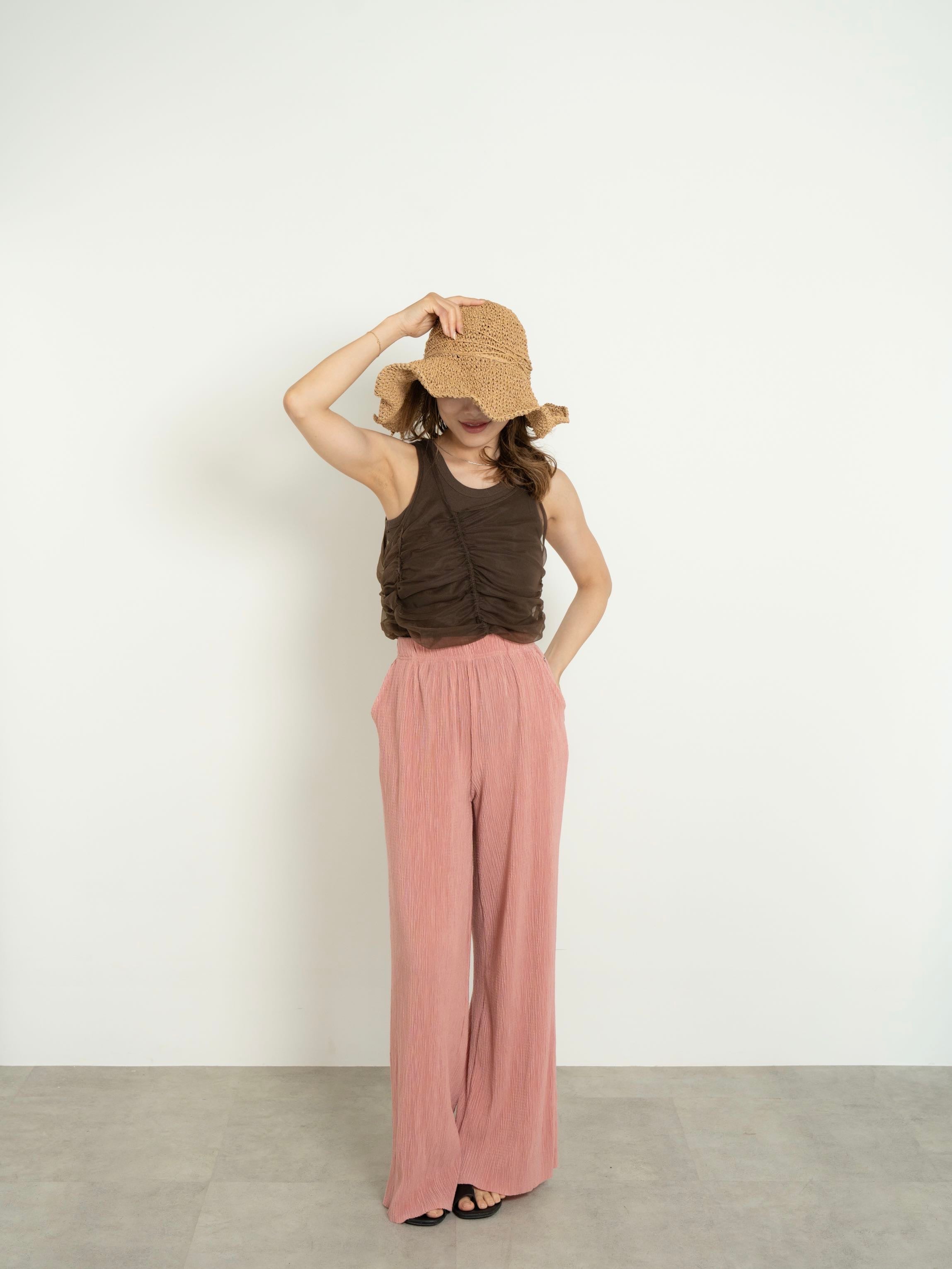【SET】SHIRRED SHEER TANK TOP SET ＋ LIGHT TEXTURE STRAIGHT PANTS