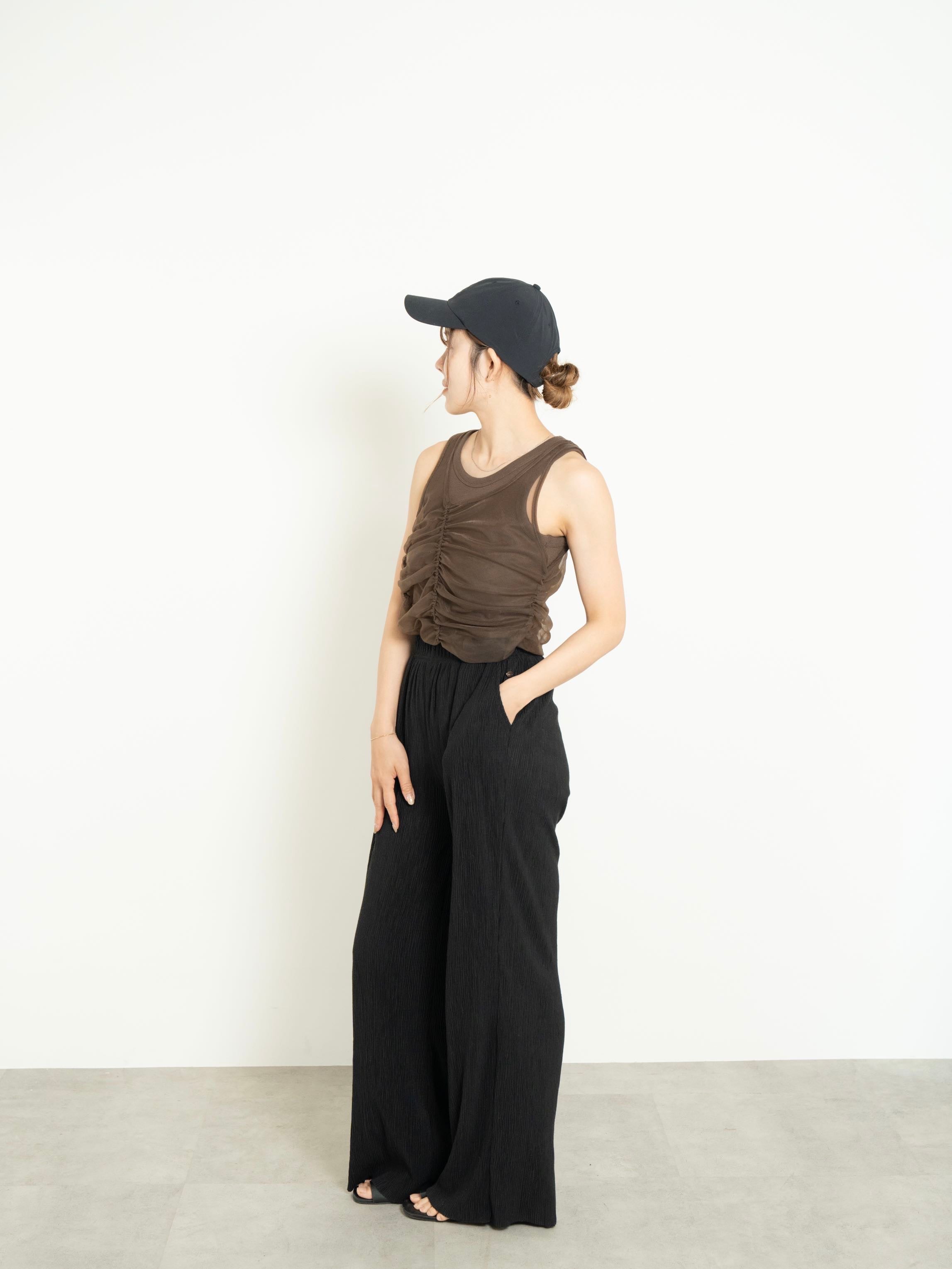 【SET】SHIRRED SHEER TANK TOP SET ＋ LIGHT TEXTURE STRAIGHT PANTS
