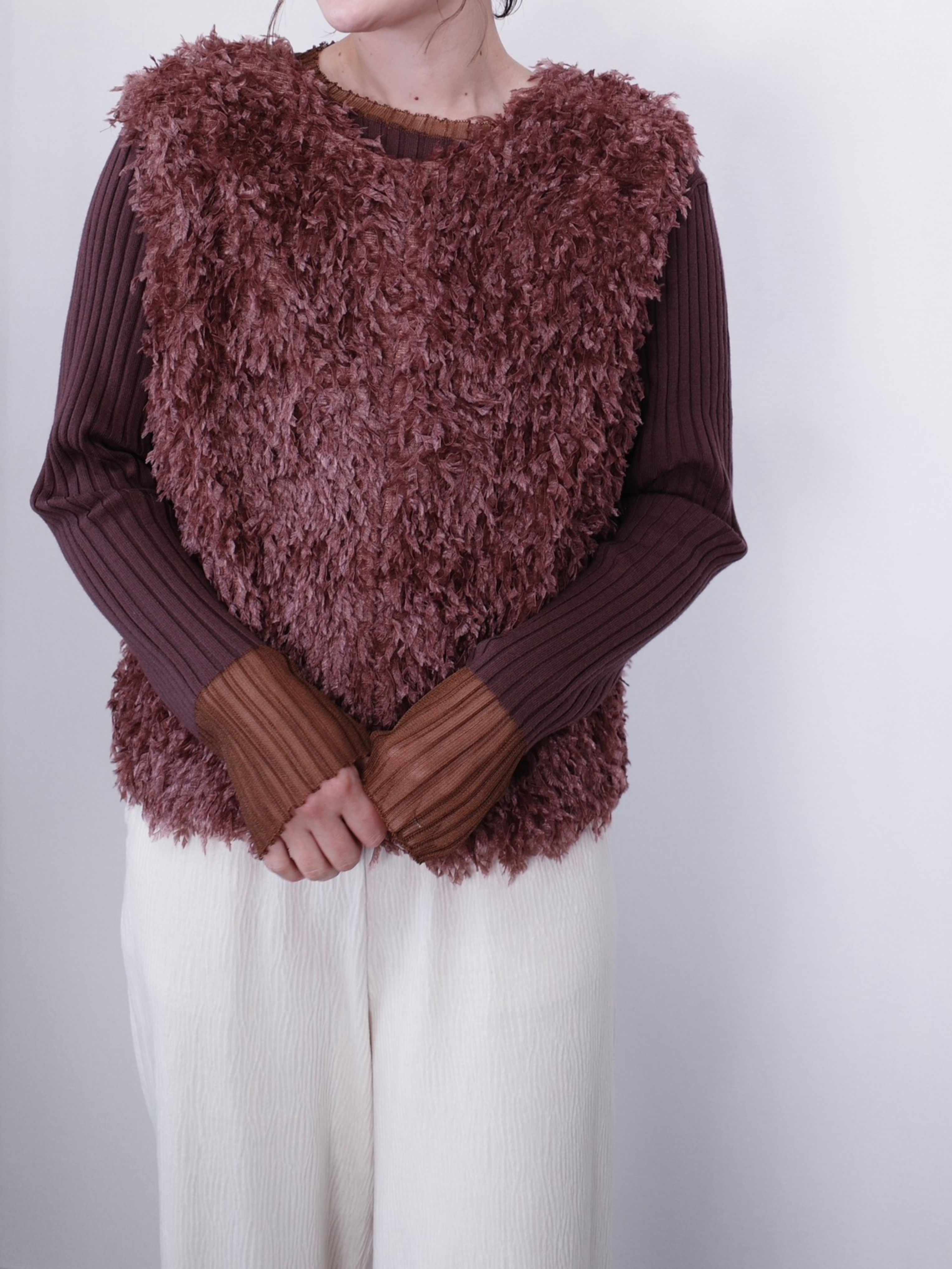 【SET】VELOUR LIKE STRAIGHT PANTS + 2WAY FRINGE VEST + DOCKING RIB KNIT