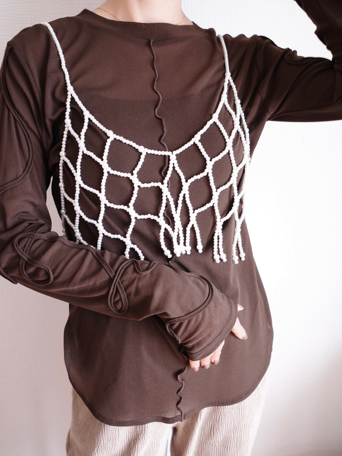 【SET】LIGHT TEXTURE STRAIGHT PANTS +  2WAY SHEER STITCH TOPS + PEARL BEADS FRINGE VEST