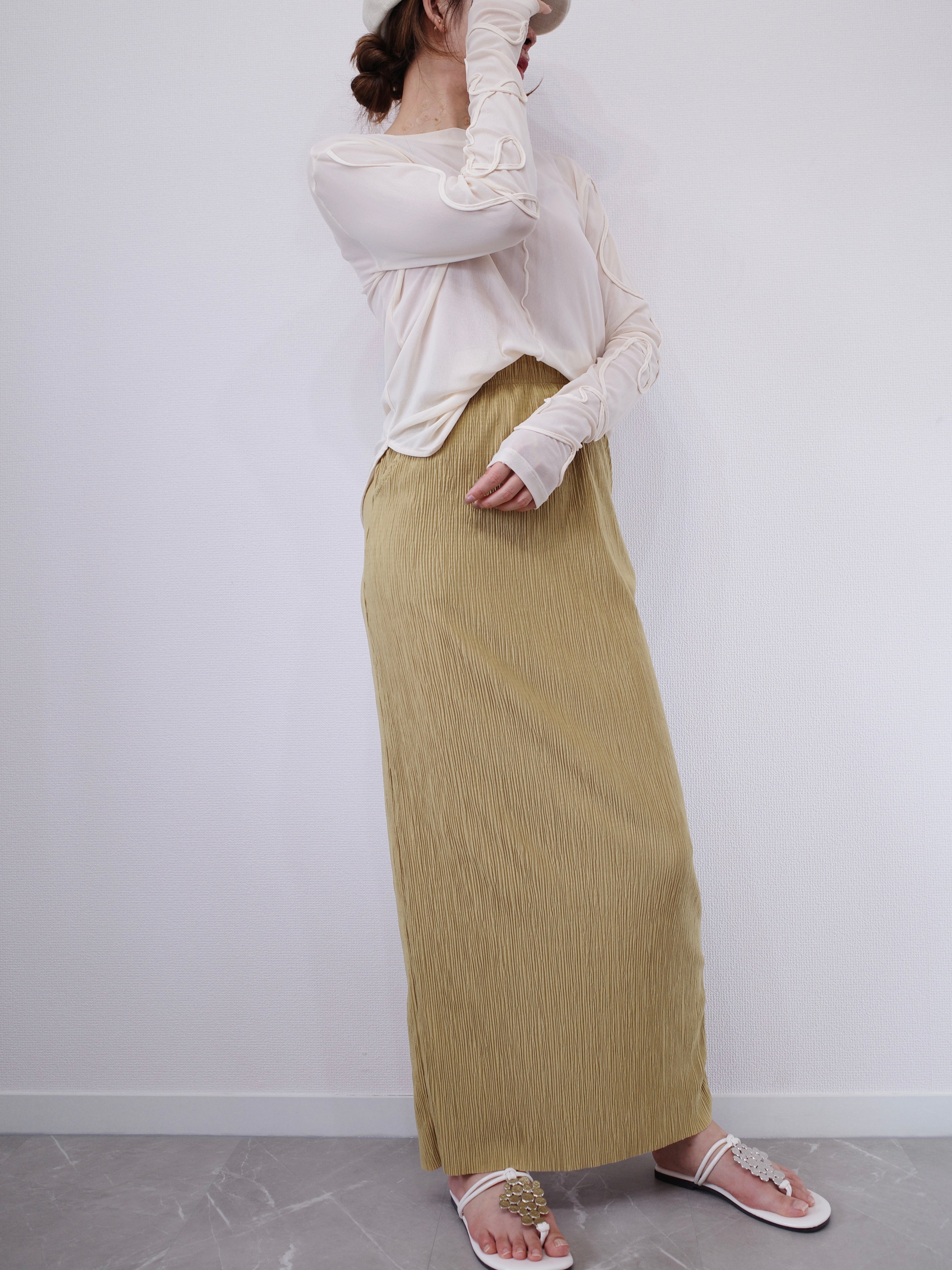 【SET】2WAY SHEER STITCH TOPS × LIGHT TEXTURE PENCIL SKIRT